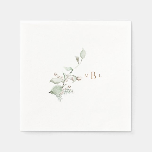 Elegant Foliage & Cotton Monogram Wedding Cocktail Napkin (Front)