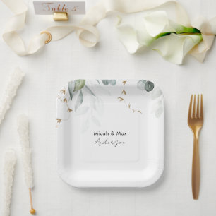 Elegant Foliage Couple Names White Paper Plate