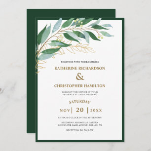 Elegant Foliage Forest Green Gold Leaf Wedding Invitation