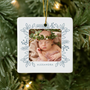 Elegant Foliage Frame First Christmas Blue Photo Ceramic Ornament