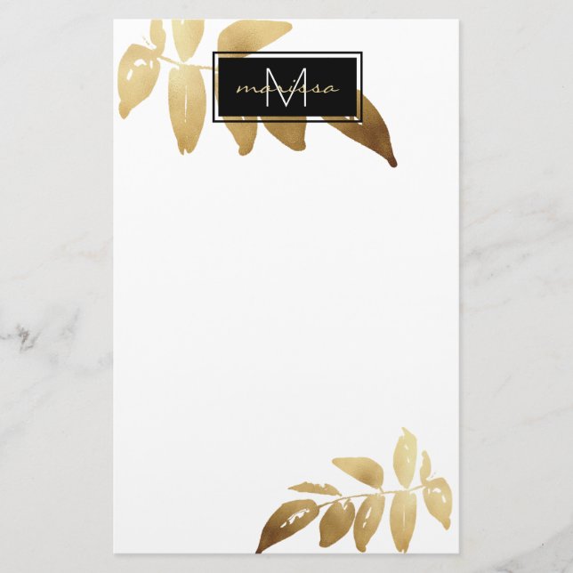 Elegant Foliage Gold Black White Monogram Stationery (Front)