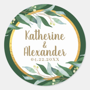 Elegant Foliage Gold Leaf Green Wedding Monogram Classic Round Sticker