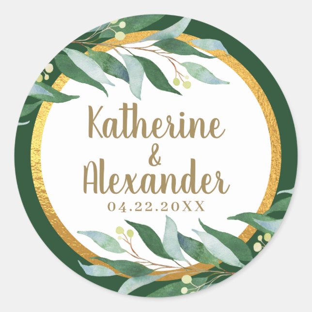 Elegant Foliage Gold Leaf Green Wedding Monogram Classic Round Sticker (Front)