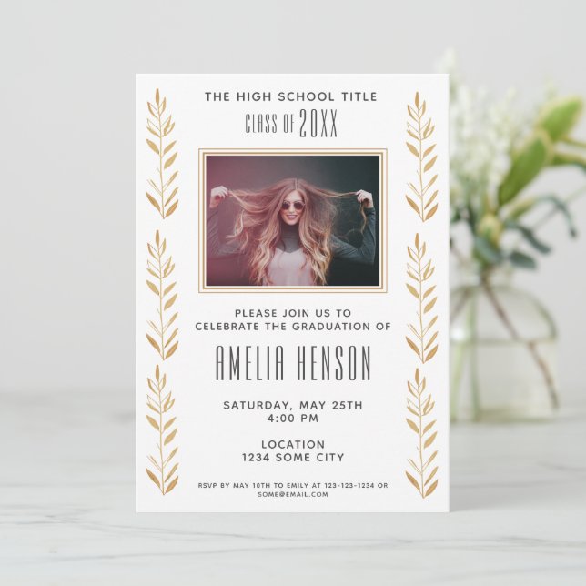 Elegant Foliage Graduate Photo Graduation Party Invitation (Standing Front)