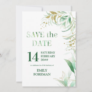 Elegant Foliage Green Gold Watercolor and Glitter Save The Date