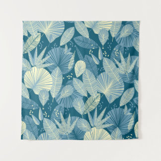 Elegant Foliage: Grey-Blue Tropical Pattern. Tapestry