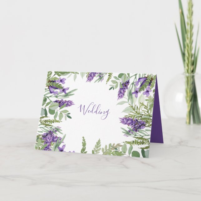 Elegant Foliage & Lavender Folded Wedding Card (Front)