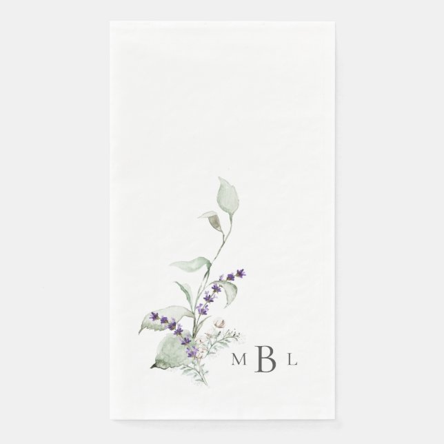 Elegant Foliage & Lavender Monogram Wedding Napkin (Front)