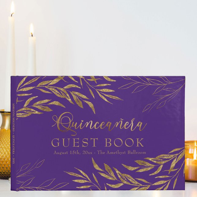 Elegant Foliage Purple and Gold Quinceanera Guest Book (Quinceanera guest book signature book, in purple, from my Gold Leaf Collection
)