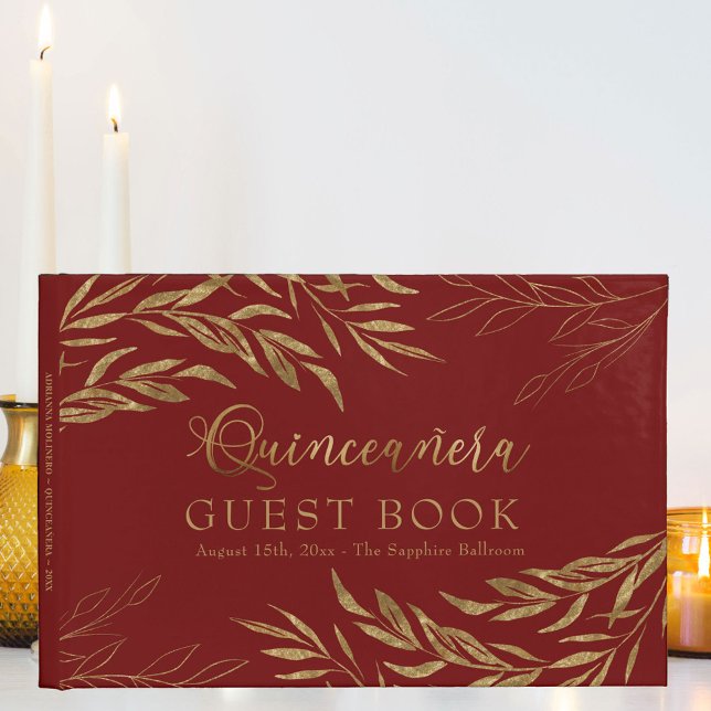 Elegant Foliage Red and Gold Quinceanera Guest Book (Quinceanera signature book in red and gold, from my Gold Leaf Collection
)