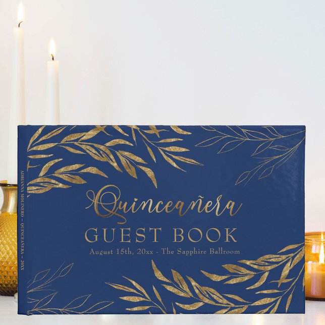 Elegant Foliage Royal Blue and Gold Quinceanera Guest Book (Quinceanera signature book in blue, from my Gold Leaf Collection)