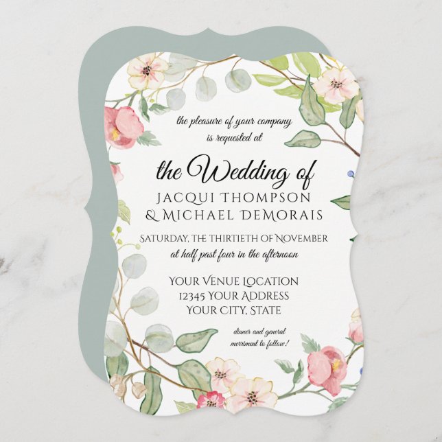 Elegant Foliage Silver Sage Watercolor Wild Roses Invitation (Front/Back)