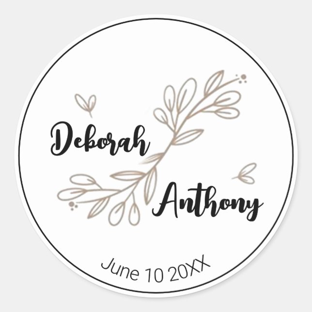 Elegant Foliage with Name and Date Classic Round Sticker (Front)