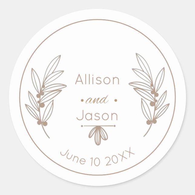 Elegant Foliage with Name and Date Classic Round Sticker (Front)