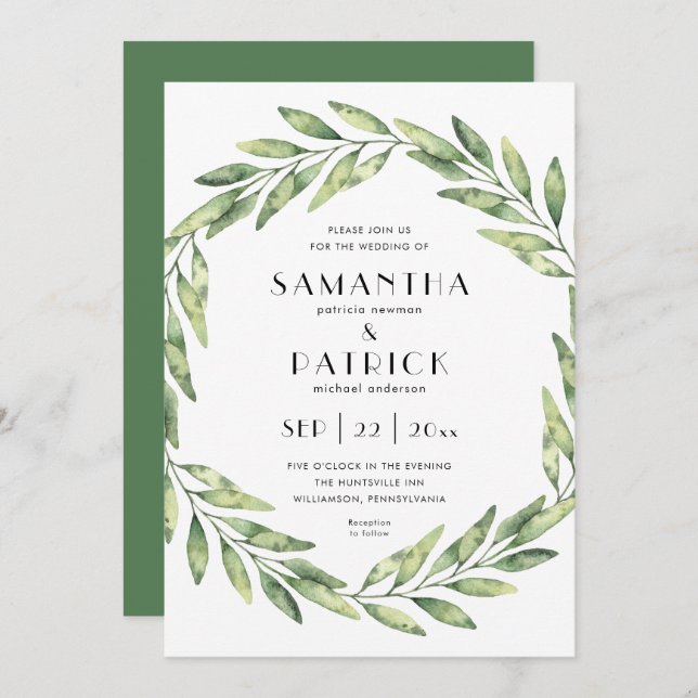 Elegant foliage wreath | modern text wedding invitation (Front/Back)