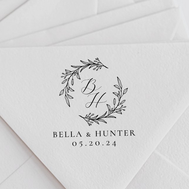 Elegant Foliage Wreath Wedding Monogram Name Self-inking Stamp (Creator Uploaded)