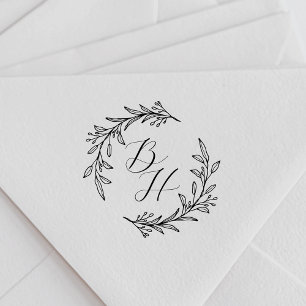 Elegant Foliage Wreath Wedding Monogram Rubber Stamp