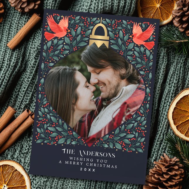 Elegant Folk Art Cardinal Christmas Foliage Photo  Holiday Card (Creator Uploaded)