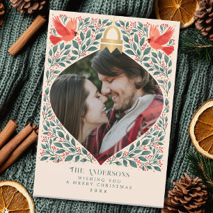 Elegant Folk Art Cardinal Christmas Foliage Photo  Holiday Card