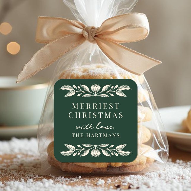 Elegant Folk Art Floral Christmas Personalised Square Sticker (Creator Uploaded)