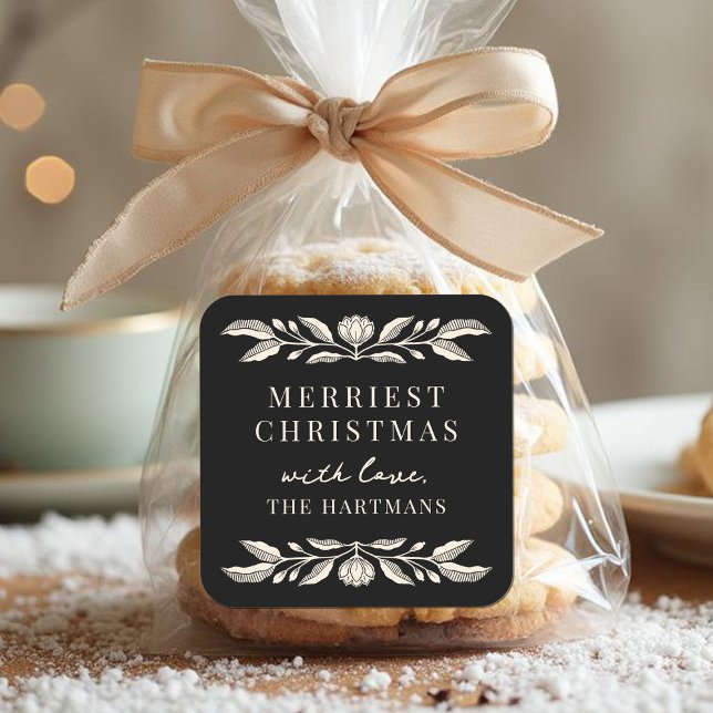 Elegant Folk Art Floral Christmas Personalised Square Sticker (Creator Uploaded)