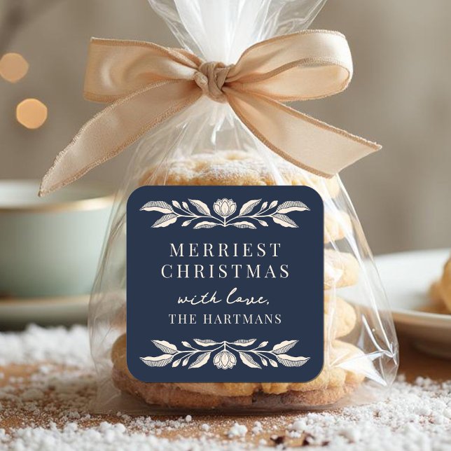 Elegant Folk Art Floral Christmas Personalised Square Sticker (Creator Uploaded)