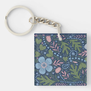 Elegant Folk Art Floral Pattern Vintage Botanical Key Ring