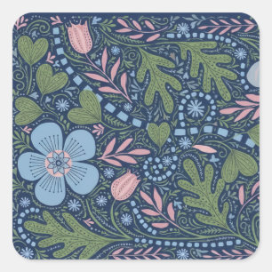 Elegant Folk Art Floral Pattern Vintage Botanical Square Sticker