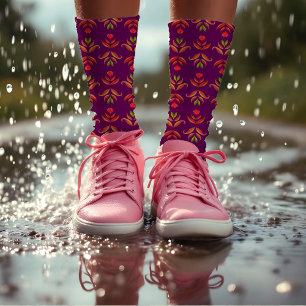 Elegant Folk Art Floral Rustic & Pretty Burgundy Socks