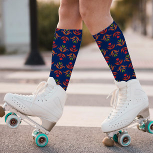  Elegant Folk Art Floral Rustic & Pretty Navy Blue Socks