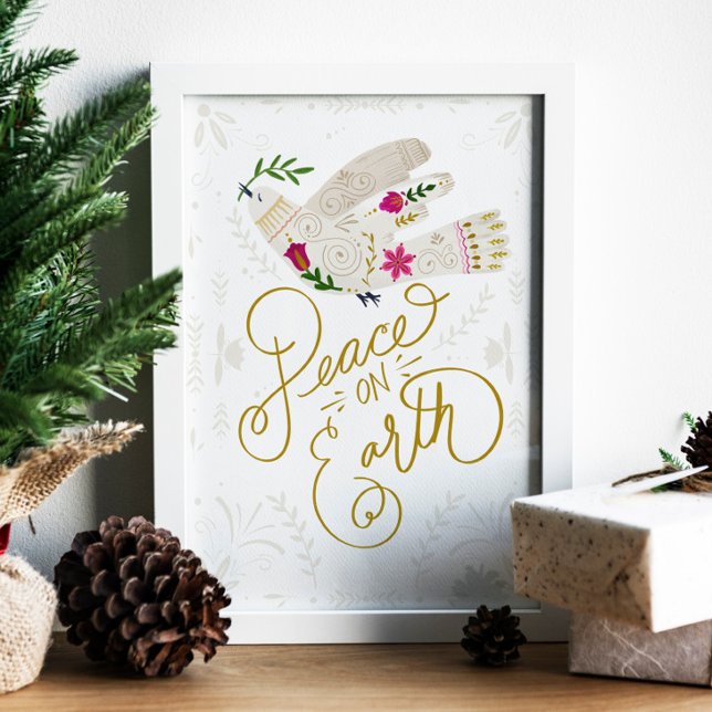 Elegant Folk Art "Peace on Earth" Dove White Poster (Creator Uploaded)