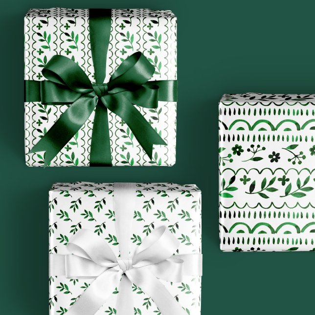 Elegant Folk Botanical Green Watercolor Holiday Wrapping Paper Sheet (Creator Uploaded)