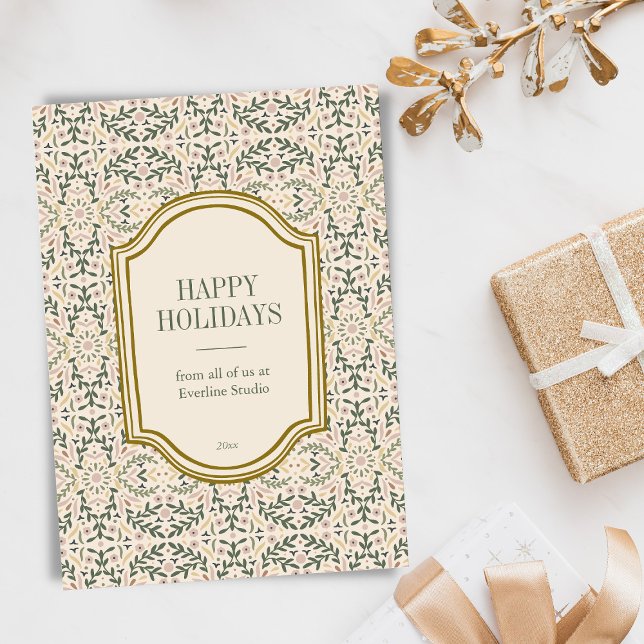 Elegant Folk Floral Corporate Company Business Holiday Card (Creator Uploaded)