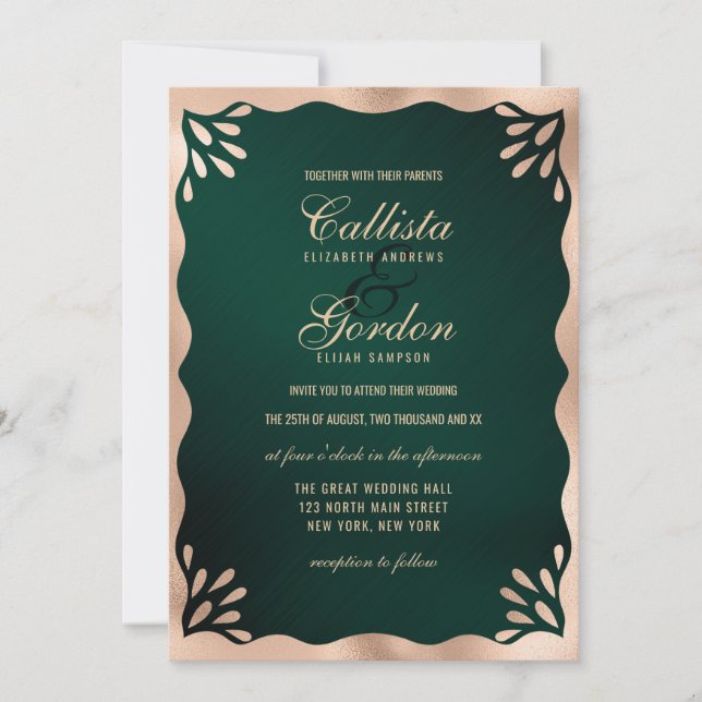 Elegant Forest Gold Metallic Wavy Border Wedding Invitation (Front)