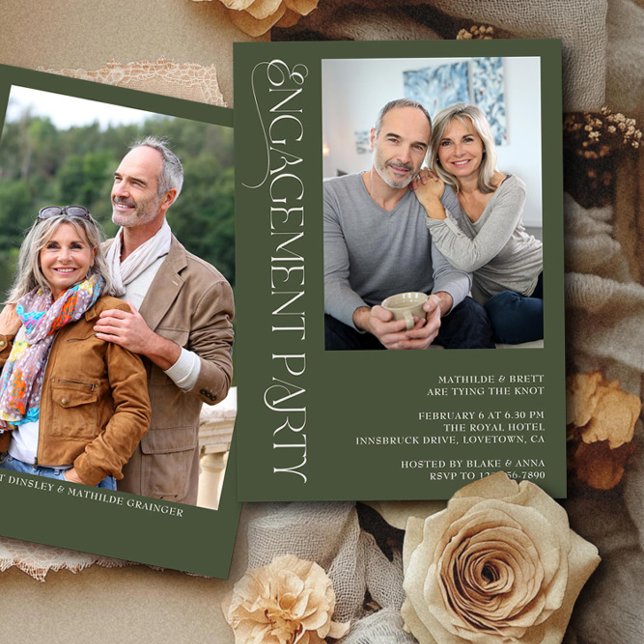 Elegant Forest Green 2 Photo Engagement Party Invitation (Engagement Photo Invitation from the Engagement Party Invitations collection by Darling & May)