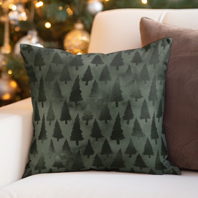 Elegant Forest Green Christmas Holiday Trees Cushion (Elegant green Christmas tree decorator pillow)