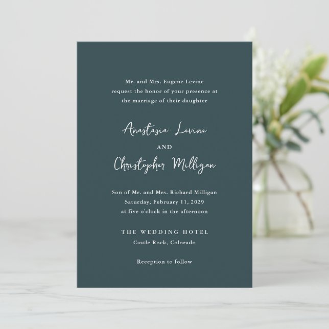 Elegant Forest Green Clean Wedding Invitation (Standing Front)
