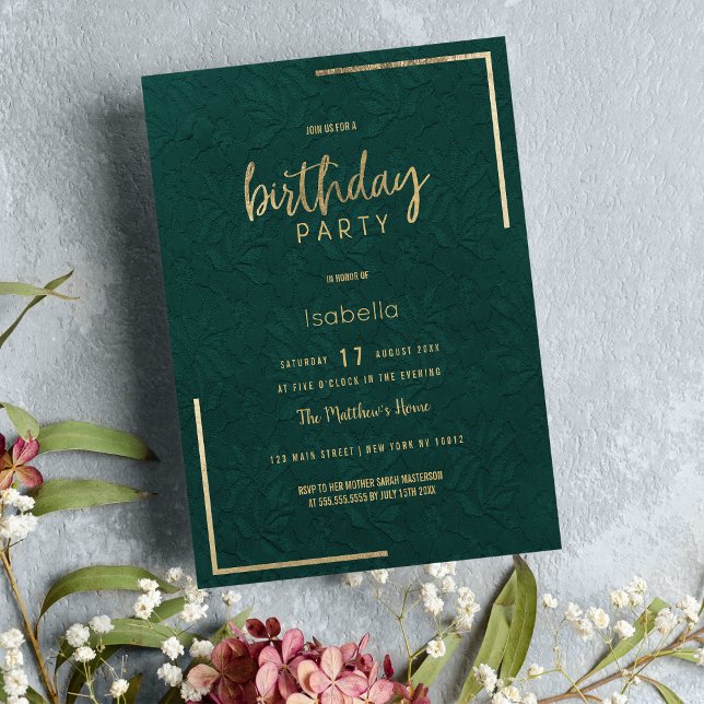 Elegant forest green gold floral lace Birthday Invitation (Elegant forest green gold floral lace Birthday)