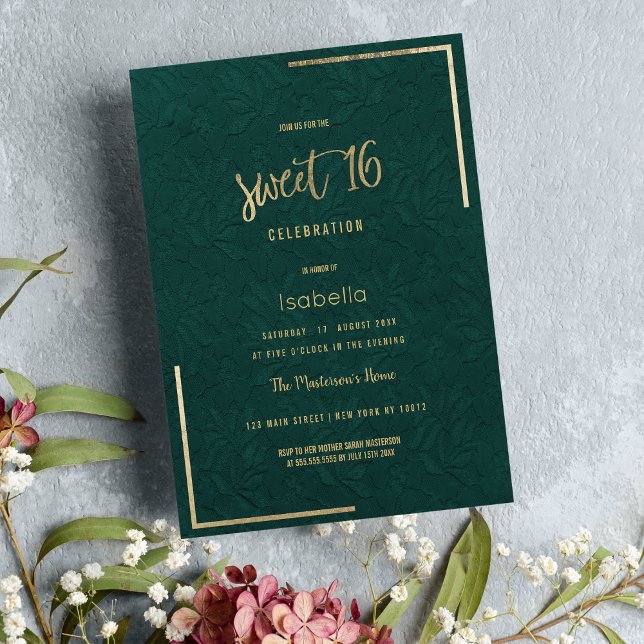 Elegant forest green gold floral lace Sweet 16 Invitation (Elegant forest green gold floral lace Sweet 16 Invitation )