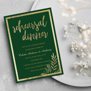 Elegant forest green gold floral Rehearsal Dinner Invitation