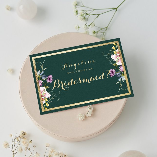Elegant forest green gold pink floral Bridesmaid Invitation (Elegant forest green gold pink floral Bridesmaid )