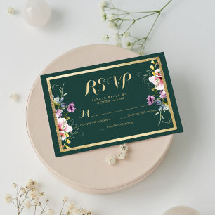 Elegant forest green gold pink floral RSVP Card
