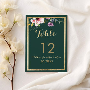 Elegant forest green gold pink floral Table Number