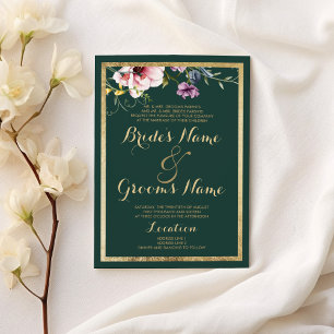 Elegant forest green gold pink floral Wedding Invitation