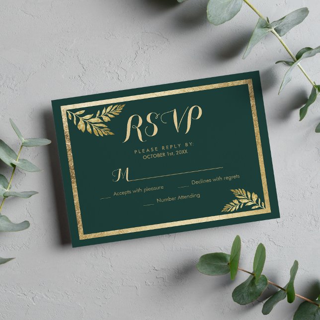 Elegant forest green golden leaf RSVP (Elegant forest green golden leaf RSVP)