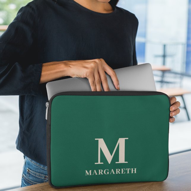 Elegant Forest Green Monogram Laptop Sleeve (Creator Uploaded)