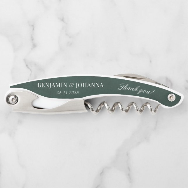 Elegant Forest Green Wedding Thank You Guest Favou Corkscrew (Front)