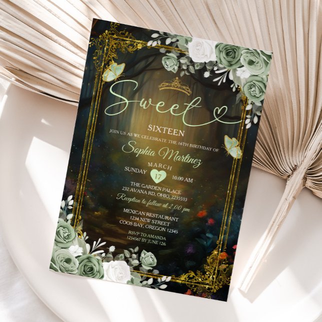 Elegant Forest Sage Green Princess Quinceañera  Invitation (Creator Uploaded)