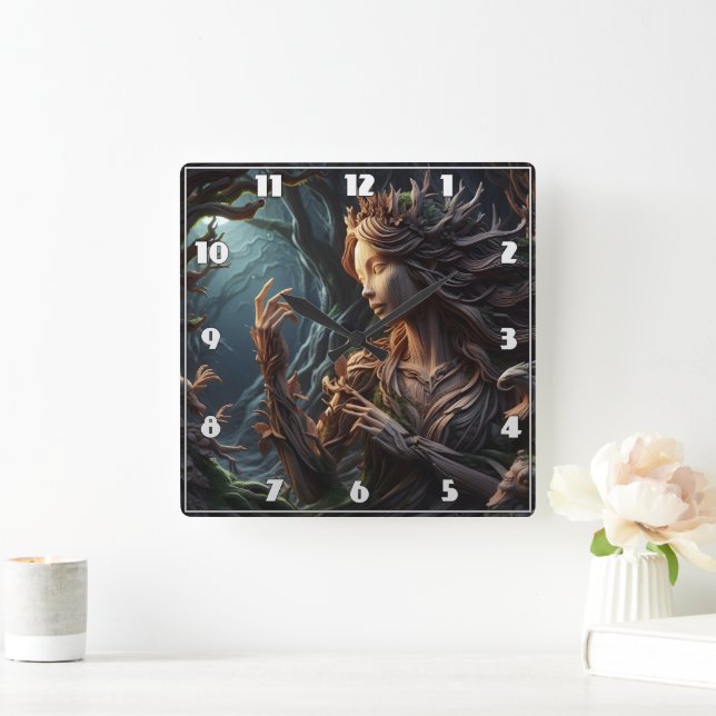 Elegant Forest Spirit Carved From Wood at Dusk Square Wall Clock (Home)