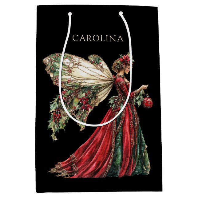 Elegant Forestcore Decoupage Fairy Christmas Medium Gift Bag (Front)